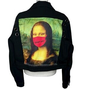 Fashion Nova Mouth Shut Black Denim Jacket Mona Lisa Patch Shut Up Womens Size L